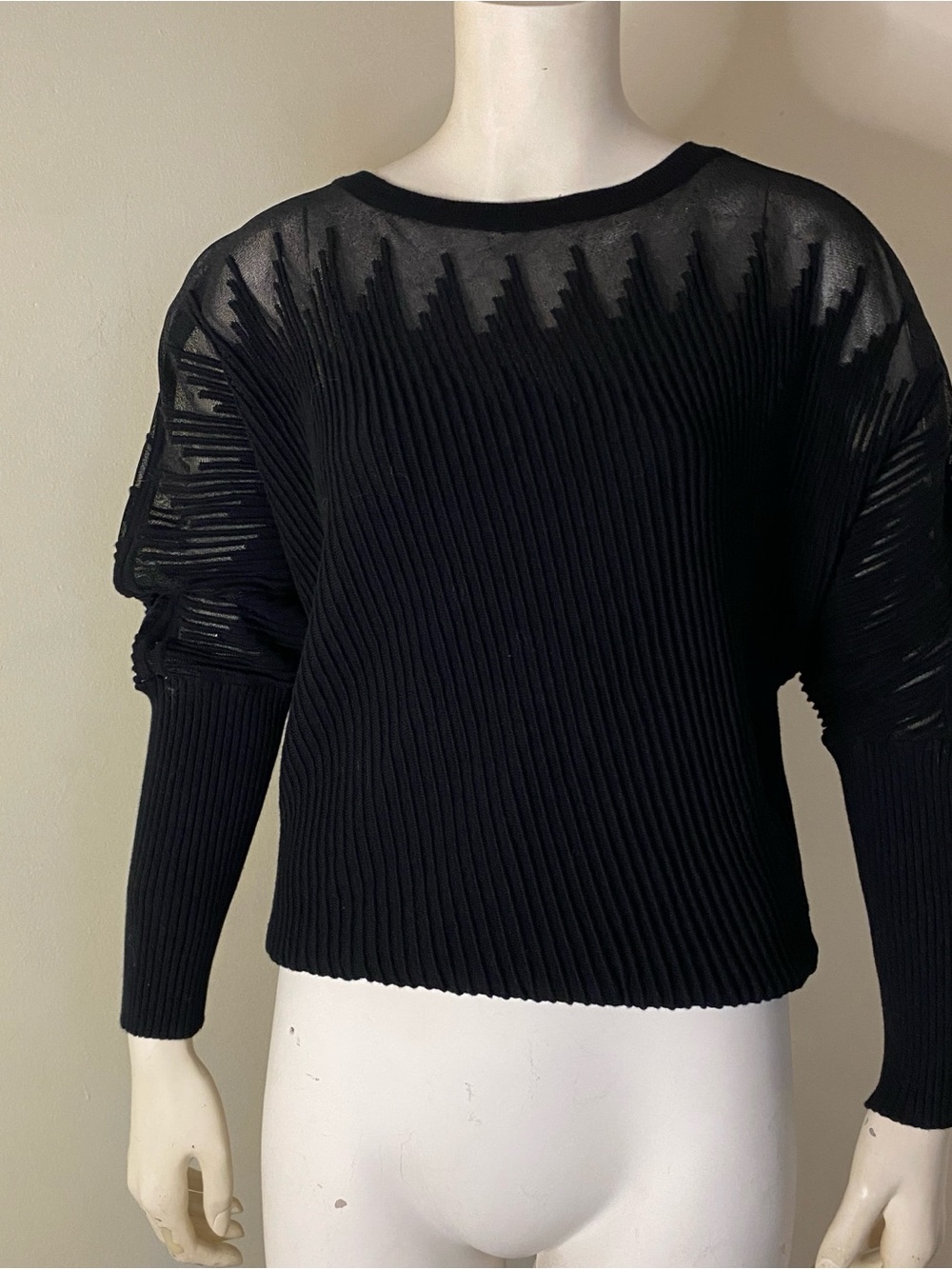 NWT Black Women's Sheer Yoke Ribbed Sweater